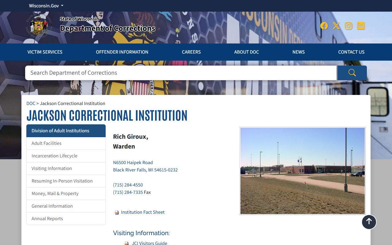 Wisconsin DOC Jackson Correctional Institution official facility page